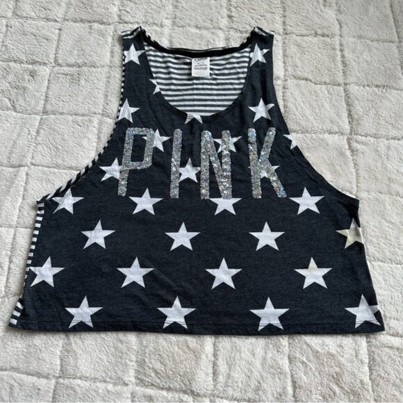 Victoria's Secret PINK | Gray & White Stars and Stripes Bling Tank | Size Medium - Picture 1 of 9